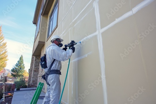 A construction worker wearing full protective gear and safety equipment paints the exterior of a modern building, highlighting attention to safety and quality work. photo