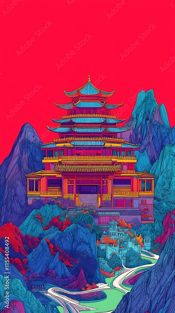 Obraz premium Colorful lines traditional building illustration poster background