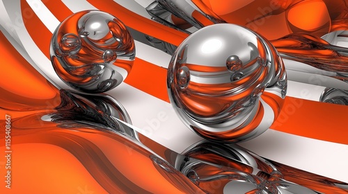 Abstract background featuring glowing spheres and metallic waves in vibrant orange and silver tones