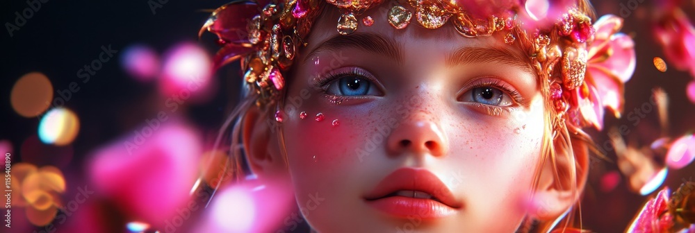 Dreamlike Flower Crown Girl - A young girl, adorned with a flower crown, surrounded by pink petals, symbolizing beauty, youth, nature, magic, and dreams. Dreamlike Flower Crown Girl - A young girl, adorned with a flower crown, surrounded by pink petals, symbolizing beauty, youth, nature, magic, and dreams.