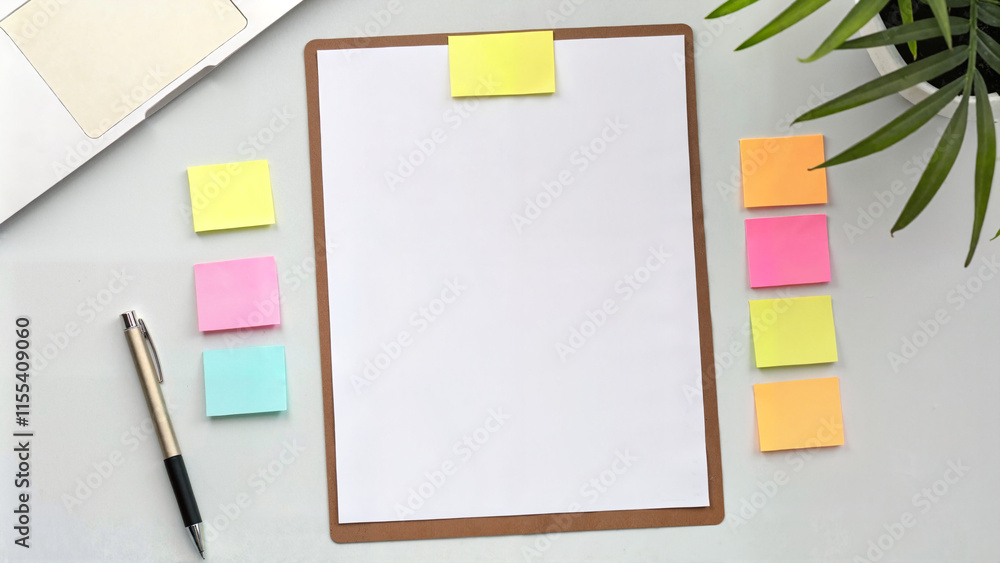 Clipboard mockup with colorful sticky notes on desk 3D render Clipboard mockup with colorful sticky notes on desk 3D render