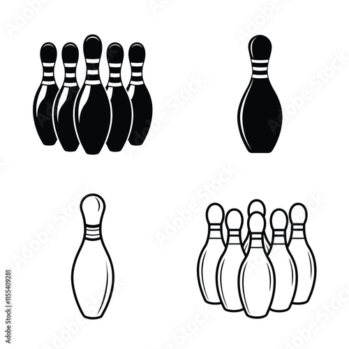 tenpin bowling pins vector set silhouette and line drawing art design illustration