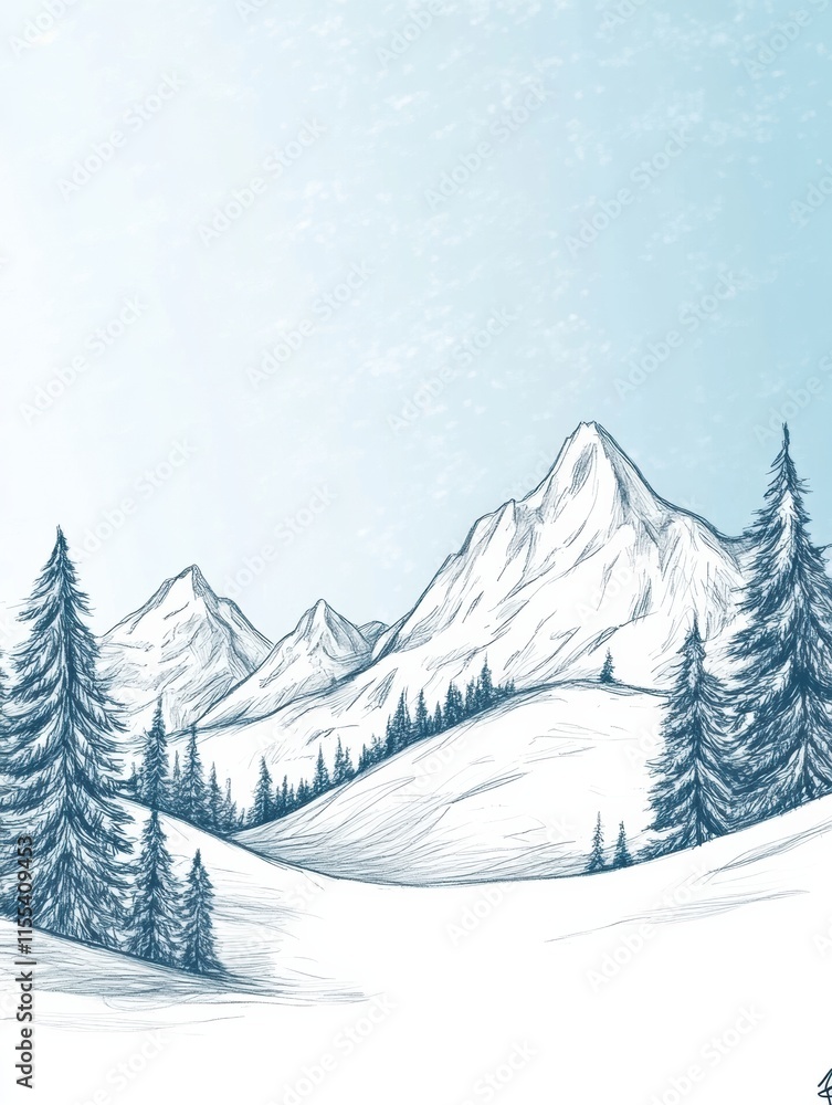 Fototapeta premium Winter doodle of snow capped mountains and pine trees showcasing a serene landscape. Generative AI