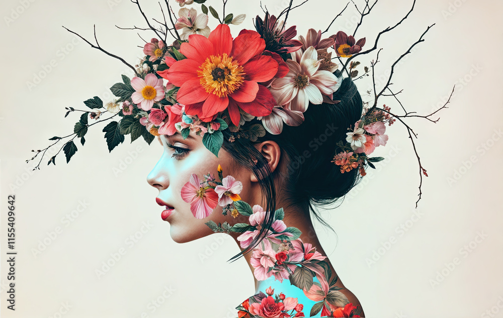 a surreal and artistic portrait of a woman adorned with a crown of vibrant flowers and branches. The flowers are arranged in a whimsical, naturalistic style, covering her hair and sh