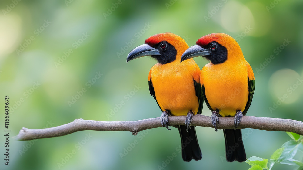 Fototapeta premium Vibrant tropical birds perched on a branch in lush greenery, showcasing stunning plumage and wildlife beauty for nature enthusiasts.