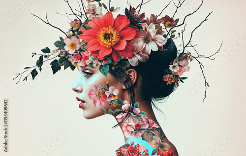 a surreal and artistic portrait of a woman adorned with a crown of vibrant flowers and branches. The flowers are arranged in a whimsical, naturalistic style, covering her hair and sh photo