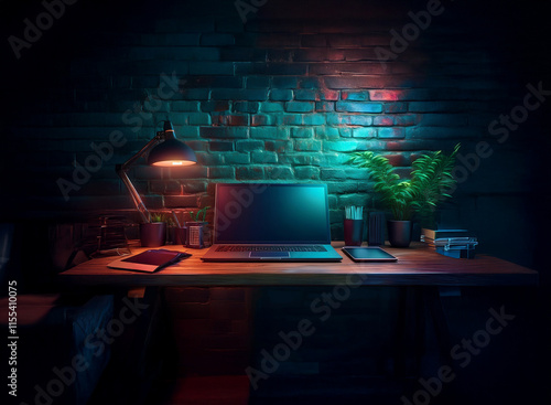 A dimly lit home office workspace at night.  A laptop sits center stage on a wooden desk, bathed in cool and warm light. Remote work ambiance.
