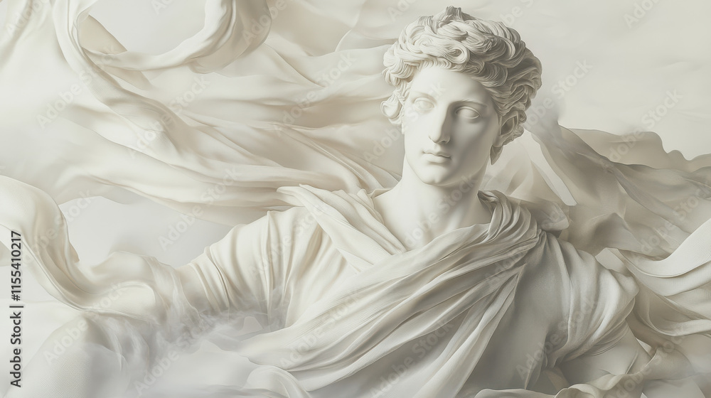 Naklejka premium A detailed sculpture of a historical figure, posed with a dynamic flow to the fabric, entirely distinct in soft pastel colors and featuring a clean