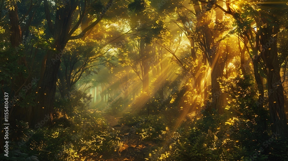 Sun Rays Coming Through Dense Trees, Creating a Beautiful Scene Sun Rays Coming Through Dense Trees, Creating a Beautiful Scene