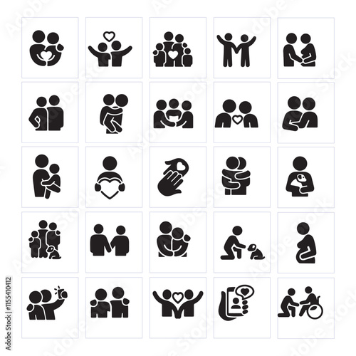 Love and Relationship vector icon set icon symbol family child embracing friendship people support dog couple relationship pregnant women offspring two holding dating selfie