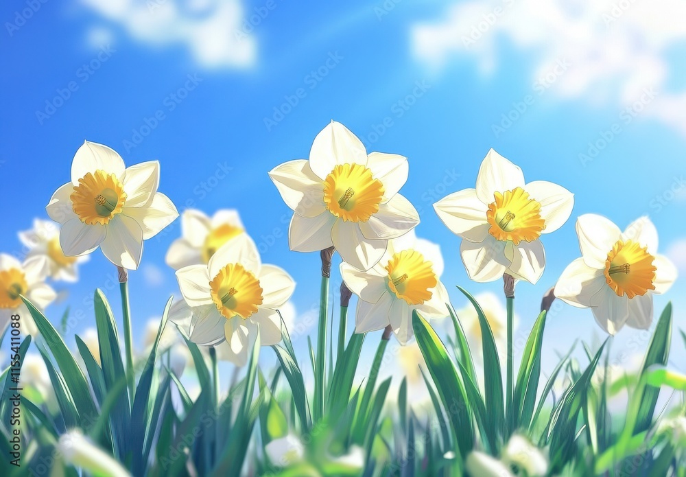 Fototapeta premium Bright Yellow Daffodils in Full Bloom Against a Clear Blue Sky with Fluffy Clouds, Symbolizing Joy and New Beginnings in a Vibrant Spring Landscape