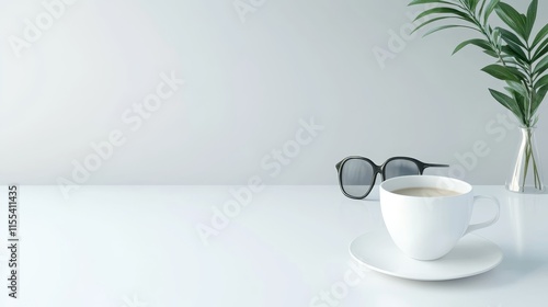 Wallpaper Mural Modern White Coffee Table Minimalist Scene - Simple elegance, calm atmosphere, clean design, morning ritual, peaceful workspace.  A tranquil scene. Torontodigital.ca