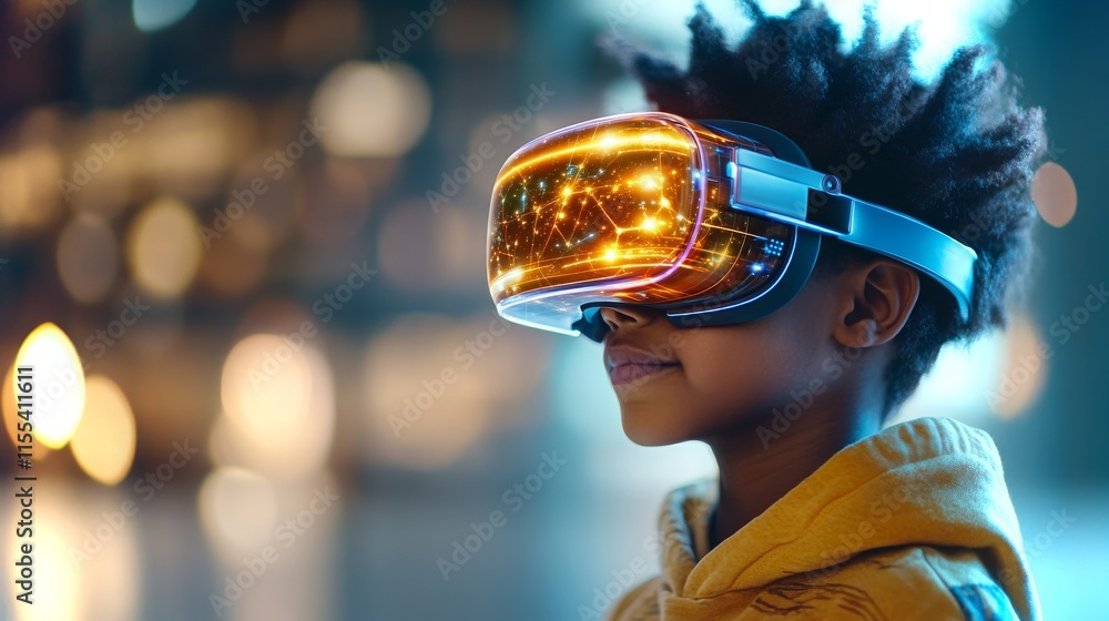 Preteen explores virtual reality in urban setting with futuristic VR glasses during evening hours Preteen explores virtual reality in urban setting with futuristic VR glasses during evening hours