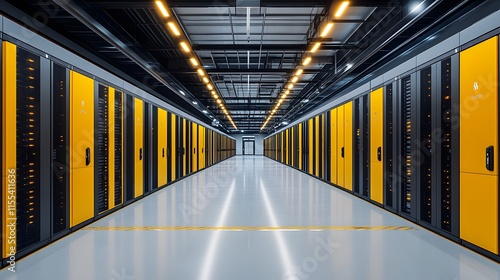 Modern data center interior, server room with black and yellow racks, clean white floor, industrial ceiling, LED lighting, symmetrical corridor perspective, high-tech infrastructure.