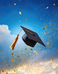 Graduation cap floating in the sky with confetti. Flying graduation caps on the air with golden confetti for graduates colleges party