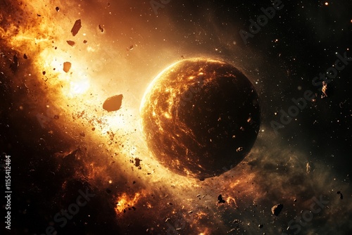 A dramatic illustration of a planet engulfed in fire and surrounded by debris, depicting a cosmic explosion that highlights the destructive power of space phenomena. photo