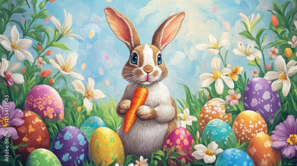 A lively spring scene with a rabbit holding a carrot, framed by colorful eggs and blossoming flowers A lively spring scene with a rabbit holding a carrot, framed by colorful eggs and blossoming flowers