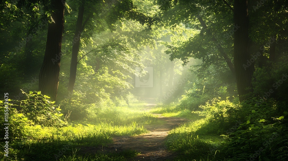Obraz premium Sunlit forest path surrounded by lush greenery and tall trees creating a serene natural retreat : Generative AI