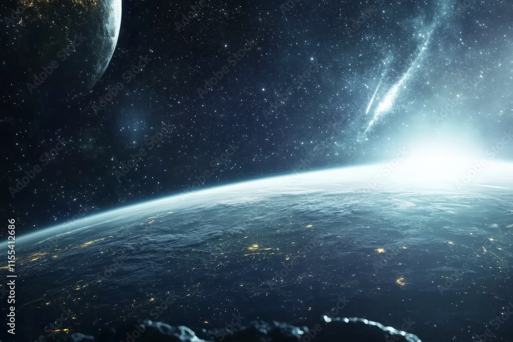 Obraz premium A near sunrise vista of Earth as seen from space, with a beautiful galaxy in the distance, creating a magnificent spectacle of celestial wonder and beauty.