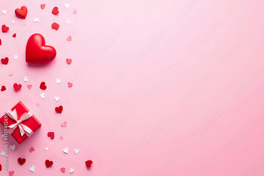 Red solid background with red hearts, gifts and confetti. The concept of Valentine Day. Red solid background with red hearts, gifts and confetti. The concept of Valentine Day.