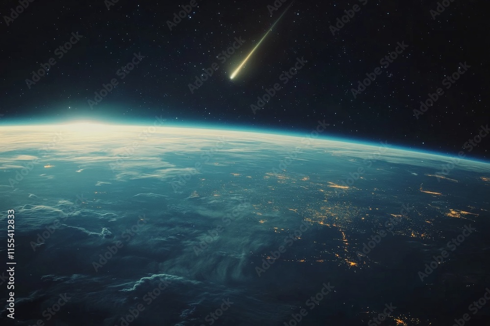 Fototapeta premium A shooting star flames through the dark twilight horizon of Earth, creating a dazzling phenomenon over the clear planet surface depicted in the cosmic backdrop.