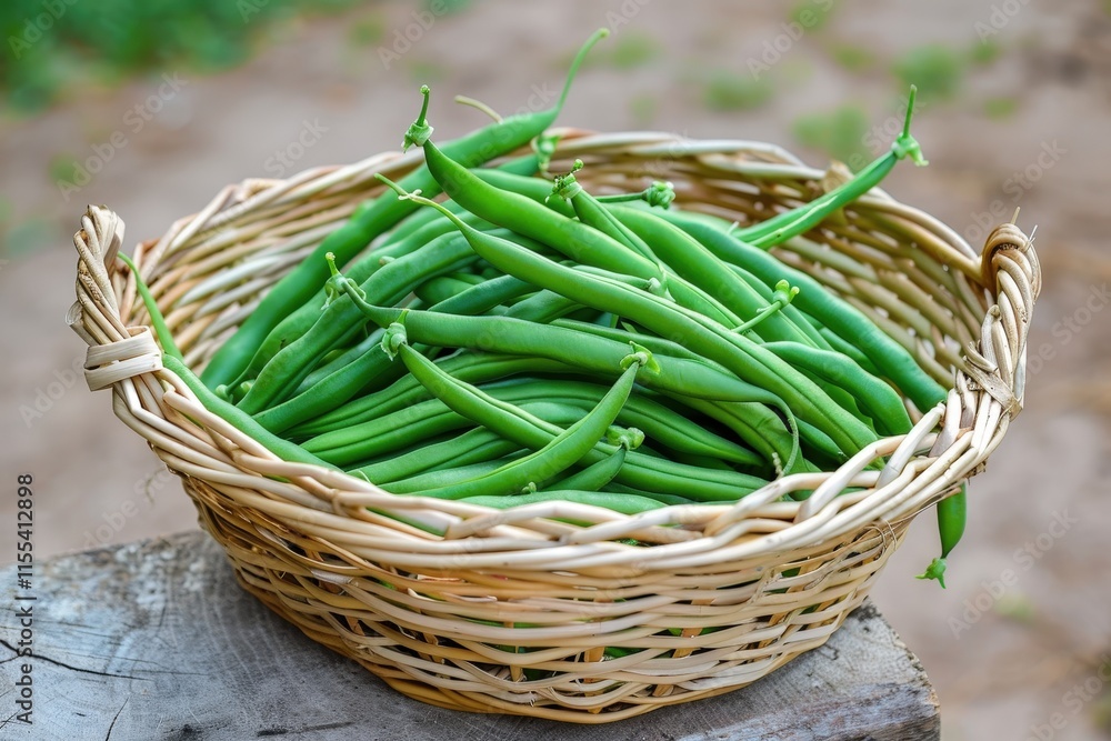 Freshly harvested green beans in a wicker basket on a wooden table surrounded by greenery in a sunny garden during summer Freshly harvested green beans in a wicker basket on a wooden table surrounded by greenery in a sunny garden during summer