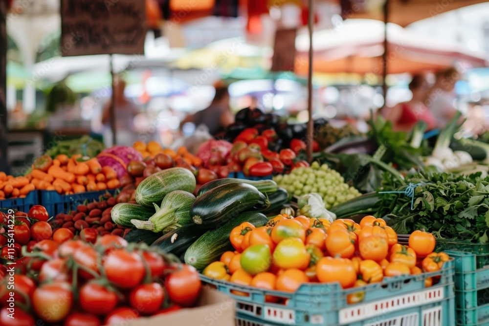 Vibrant market filled with fresh produce and local farmers trading in a bustling outdoor setting during midday sunshine Vibrant market filled with fresh produce and local farmers trading in a bustling outdoor setting during midday sunshine