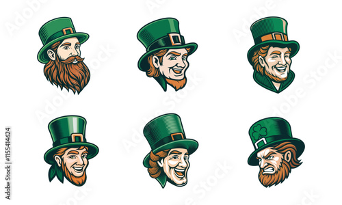 Collection of Vector Leprechaun Faces with Various Emotions for St. Patrick's Day