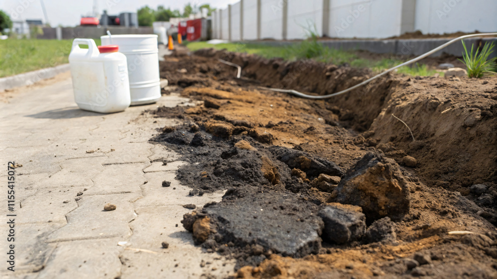 Excavated soil and containers near construction site, showcasing urban development