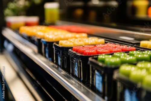 Vivid and assorted colorful candies arranged in neat plastic trays on a display shelf, ready to entice and delight customers with their eye-catching colors and shapes. photo