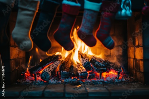 A warm and inviting fireplace captures the essence of holiday cheer, with colorful stockings hanging above the crackling fire, creating a festive atmosphere. photo