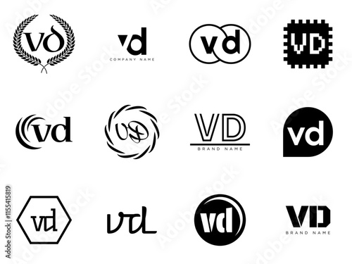 VD logo company template. Letter v and d logotype. Set different classic serif lettering and modern bold text with design elements. Initial font typography.