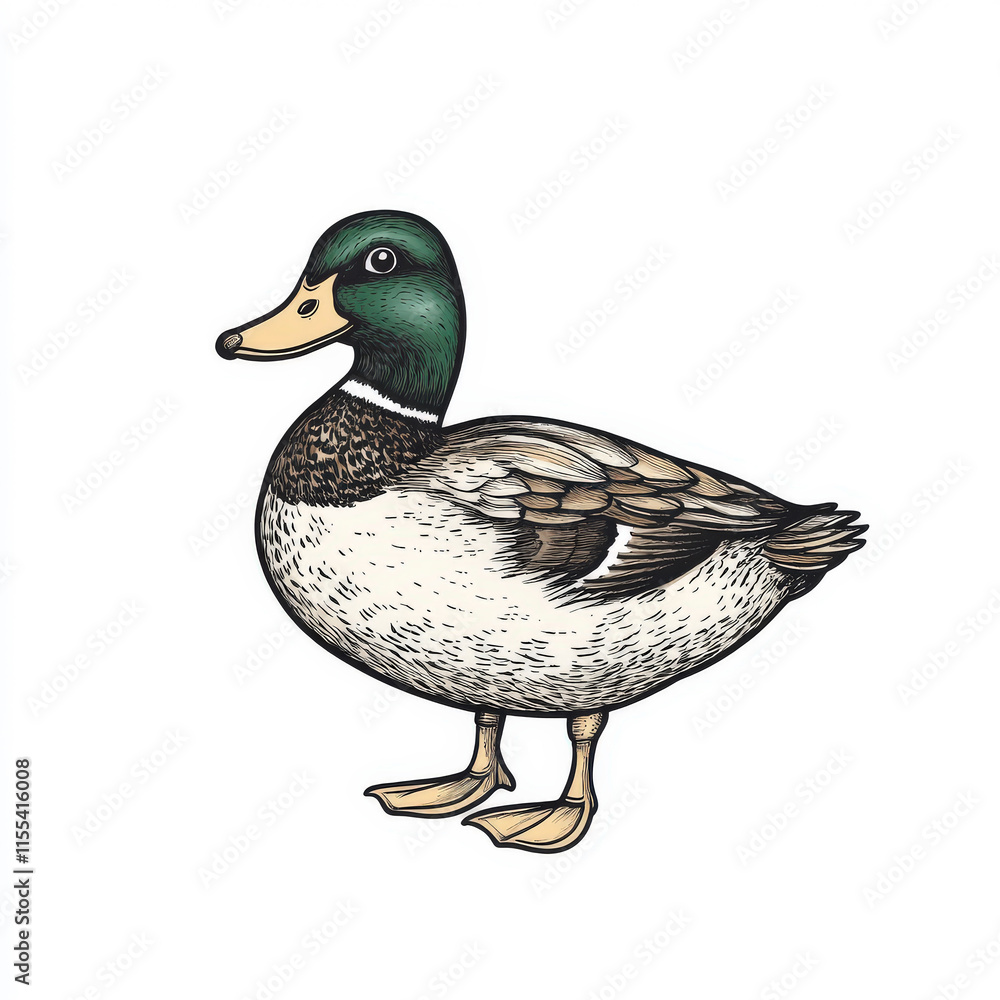 Obraz premium Colorful cartoon illustration of a mallard duck with vibrant green head, detailed feathers, standing gracefully against a clean white background