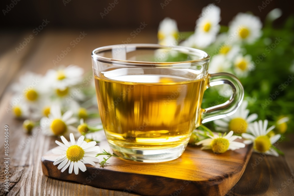 Cozy setting with warm chamomile tea on a light wooden table for relaxation and comfort Cozy setting with warm chamomile tea on a light wooden table for relaxation and comfort
