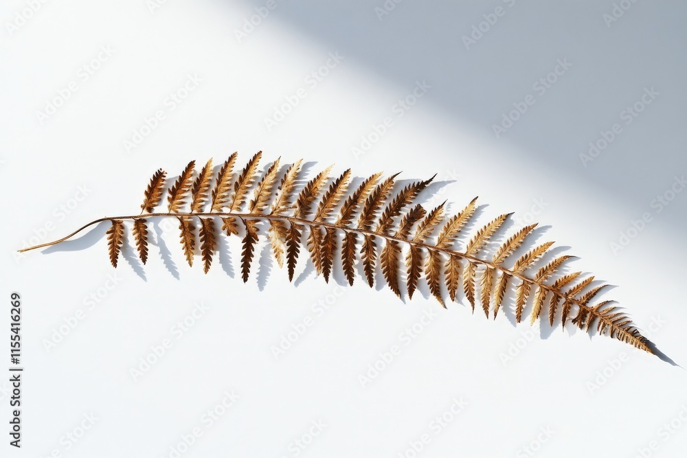 Obraz premium A backlit dried fern frond displays its intricate structure on a white background, casting soft shadows and evoking a sense of minimalistic elegance.