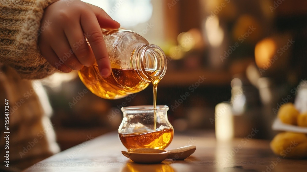 A parent hand pouring syrup into a child-sized spoon, with soft focus on a cozy home setting A parent hand pouring syrup into a child-sized spoon, with soft focus on a cozy home setting