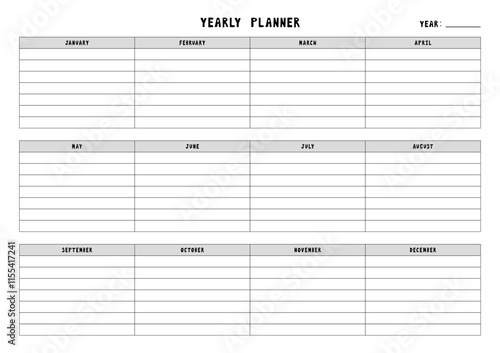 Yearly planner calendar template with for notes