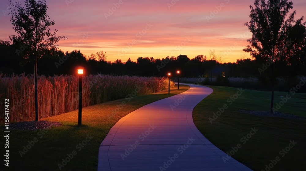 Fototapeta premium A paved park trail at dusk, with warm LED lights creating a cozy atmosphere under fading orange and pink skies