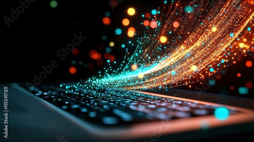 Digital Data Stream Flowing from Laptop Keyboard - Futuristic Technology Concept