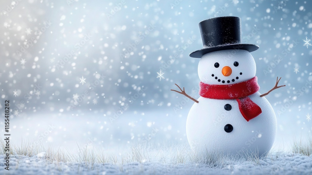 Fototapeta premium Snowman decorated for the holidays in a snowy yard