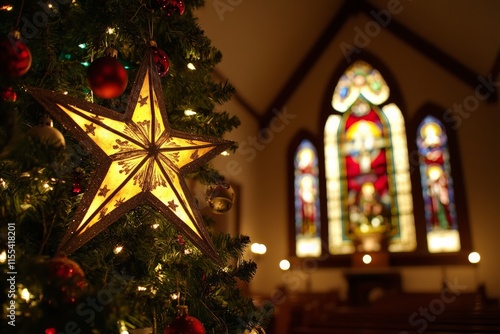 Wallpaper Mural A glowing Christmas tree decorated with a star adorns an interior decorated with stained glass, casting warm light in a church during the holiday season. Torontodigital.ca