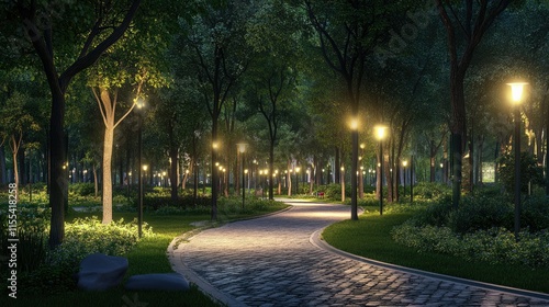 Fototapeta Naklejka Na Ścianę i Meble -  A peaceful park illuminated by modern LED streetlights, with a cobblestone walkway winding through tall trees at dusk