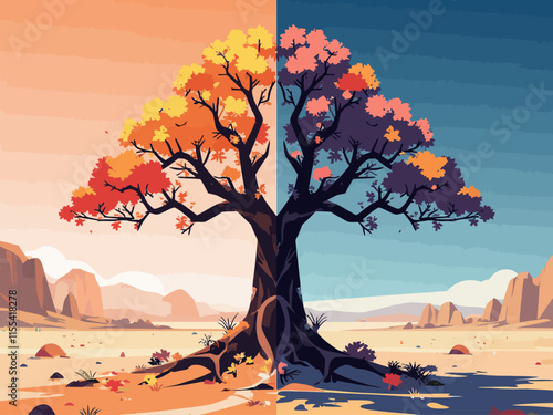  illustration a split tree in a barren desert, one half dry and lifeless, the other half lush and blooming with colorful flowers, symbolic art, ultra-detailed, vibrant colors