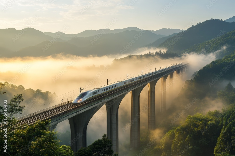 Fototapeta premium A sleek, modern train crosses a tall bridge over lush valleys and misty landscapes, creating a picturesque scene that embodies speed and innovation.