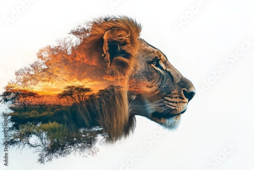 A striking image of a lion with sunset and foliage double exposure, beautifully capturing the essence of nature and wildlife in a creative composition. photo