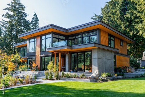 A contemporary two-story house featuring large windows and modern architecture, set amidst lush greenery and a well-manicured lawn creating a serene environment. photo