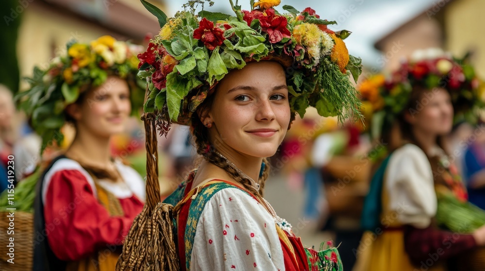 Smiling Woman in Traditional Floral Headdress at Cultural Festival Smiling Woman in Traditional Floral Headdress at Cultural Festival