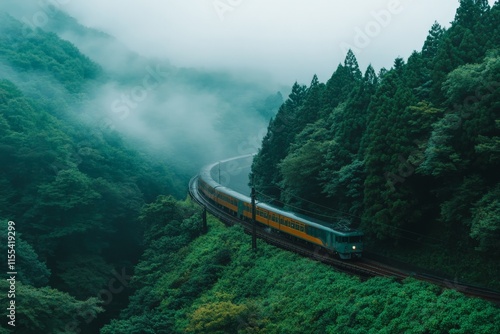 A green train majestically navigates the winding railway tracks amidst a lush, green mountainous forest, enveloped in mist and serenity, epitomizing scenic travel bliss. photo