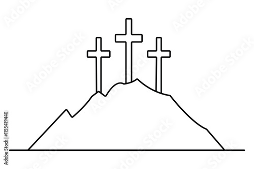Christian three cross icon continuous one line art drawing of white background 