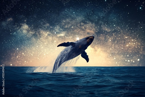 An enchanting whale jumps gracefully at twilight against a glowing starry sky, illustrating the harmony of nature and the universe in a captivating artwork. photo